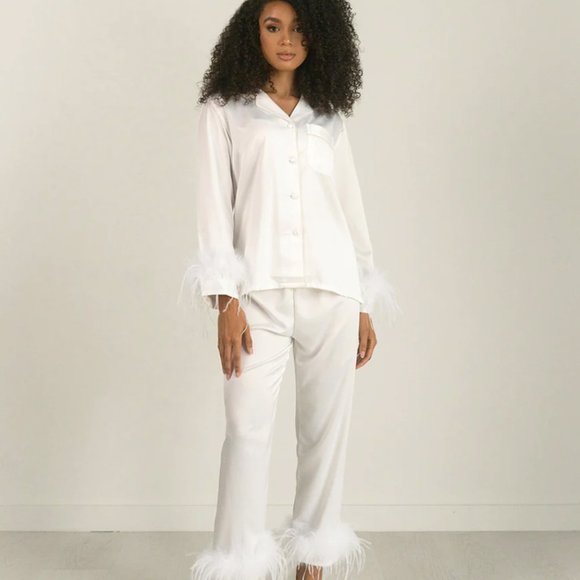 Women's Feather-Trim Satin Pajama Set - White - Picture 5 of 6